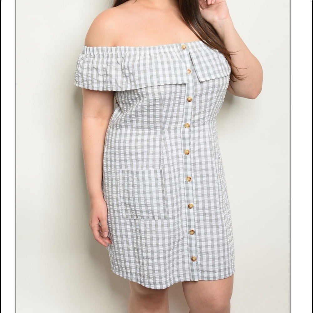 FAVLUX Gray and White Gingham Off-Shoulder Mini Dress